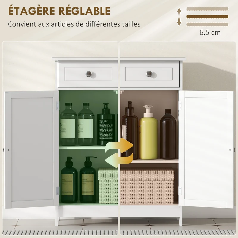 Meuble de salle de bain 60 x 30 x 75 cm 2 tiroirs placard étagère réglable anti basculement style épuré en MDF blanc 21_0001877