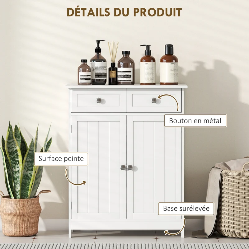 Meuble de salle de bain 60 x 30 x 75 cm 2 tiroirs placard étagère réglable anti basculement style épuré en MDF blanc 21_0001877
