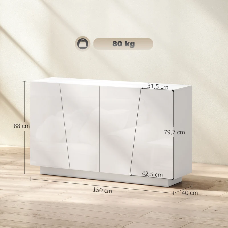 Meuble de rangement salon 150 x 40 x 88 cm étagère réglable anti-basculement moderne épuré en panneau de particules blanc 21_0002907