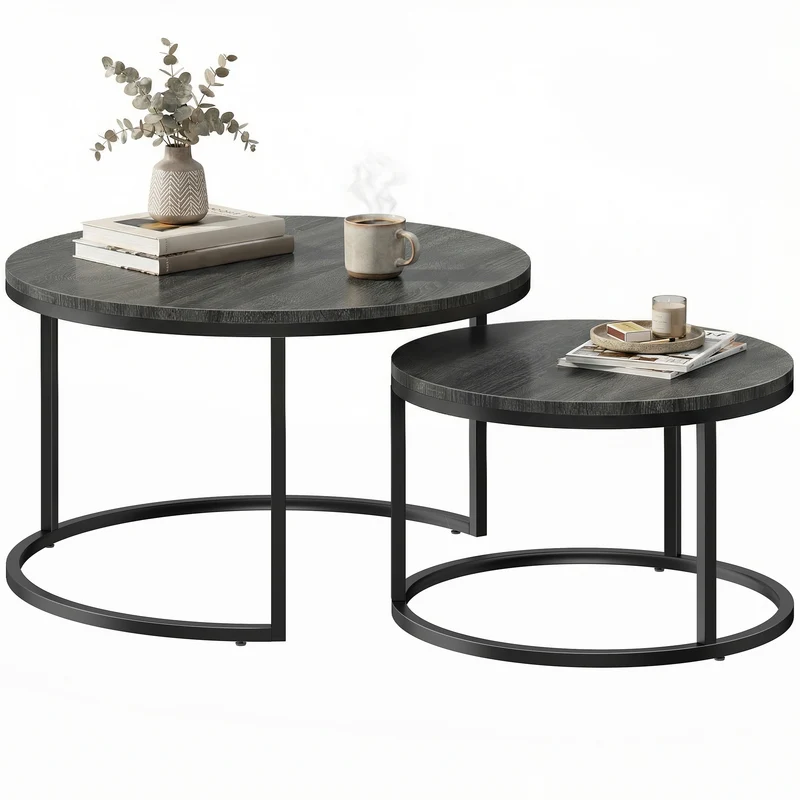 Lot de 2 tables basses gigognes empilables 78,5 x 78,5 x 46,5 cm gain de place salon industriel moderne en MDF noir 21_0001813