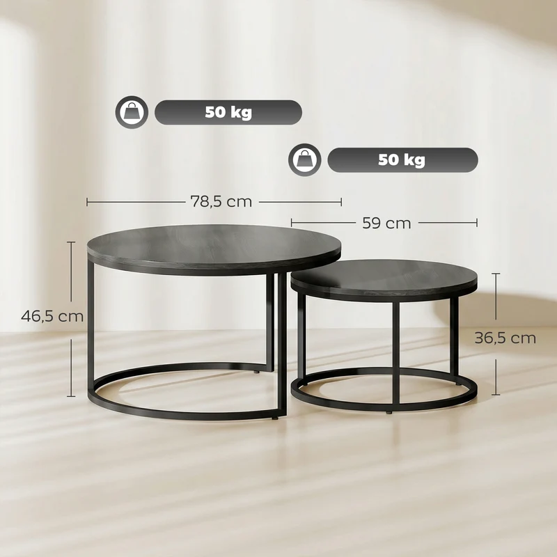 Lot de 2 tables basses gigognes empilables 78,5 x 78,5 x 46,5 cm gain de place salon industriel moderne en MDF noir 21_0001813