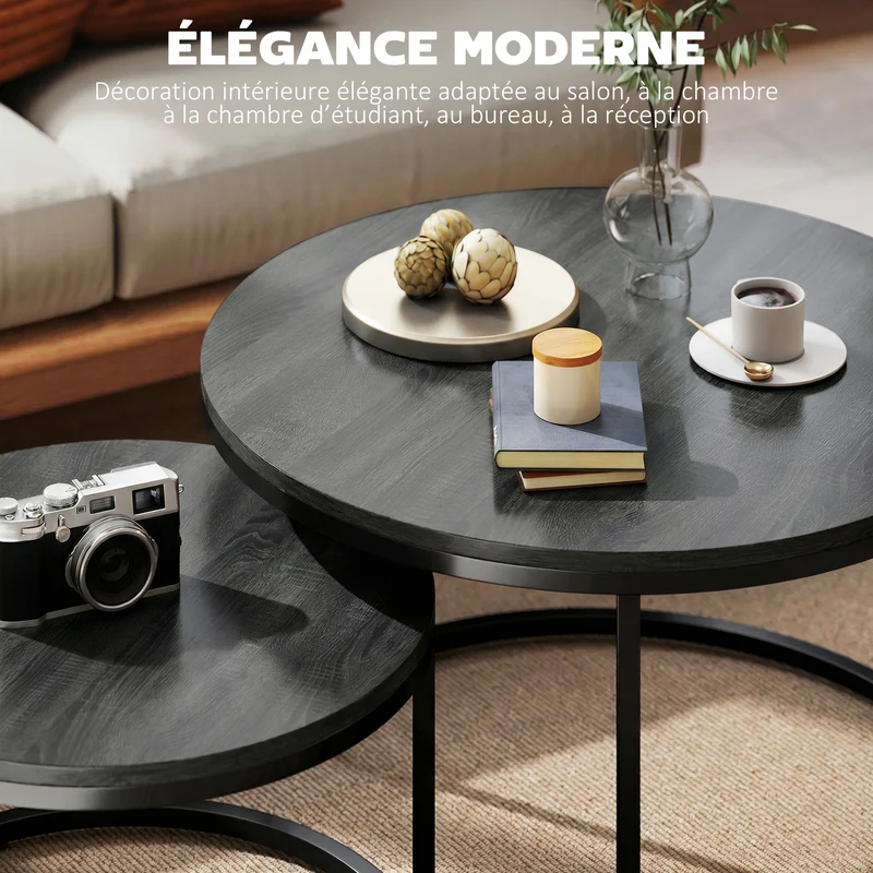 Lot de 2 tables basses gigognes empilables 78,5 x 78,5 x 46,5 cm gain de place salon industriel moderne en MDF noir 21_0001813