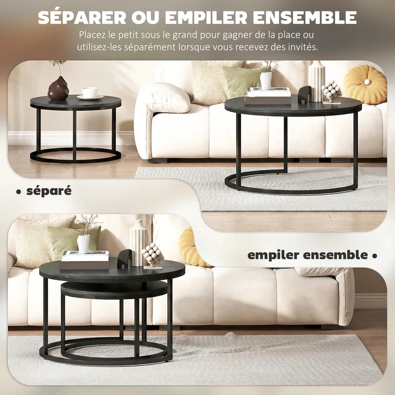 Lot de 2 tables basses gigognes empilables 78,5 x 78,5 x 46,5 cm gain de place salon industriel moderne en MDF noir 21_0001813
