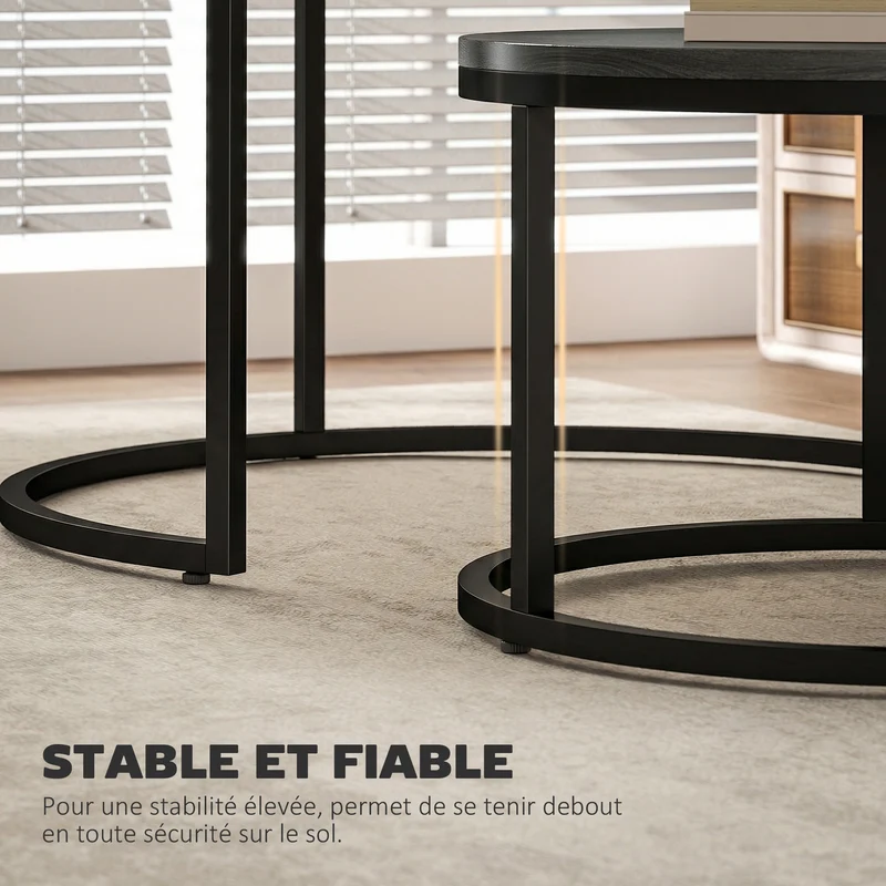 Lot de 2 tables basses gigognes empilables 78,5 x 78,5 x 46,5 cm gain de place salon industriel moderne en MDF noir 21_0001813