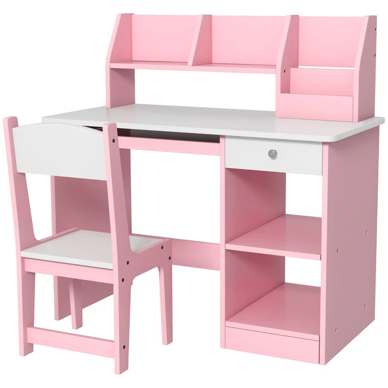 Lot de 2 bureau et chaise enfant pour chambre 90 x 45 x 90 cm rangements assise ergonomique minimaliste en MDF rose 21_0000204