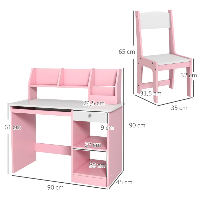 Lot de 2 bureau et chaise enfant pour chambre 90 x 45 x 90 cm rangements assise ergonomique minimaliste en MDF rose 21_0000204