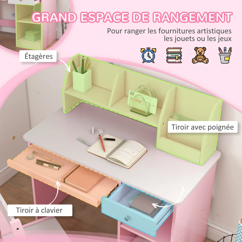 Lot de 2 bureau et chaise enfant pour chambre 90 x 45 x 90 cm rangements assise ergonomique minimaliste en MDF rose 21_0000204