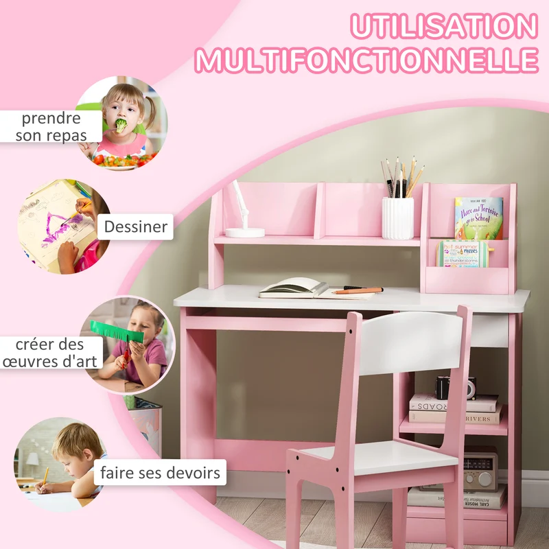 Lot de 2 bureau et chaise enfant pour chambre 90 x 45 x 90 cm rangements assise ergonomique minimaliste en MDF rose 21_0000204