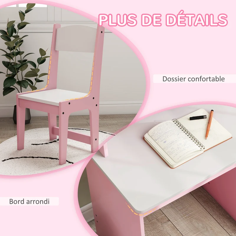 Lot de 2 bureau et chaise enfant pour chambre 90 x 45 x 90 cm rangements assise ergonomique minimaliste en MDF rose 21_0000204