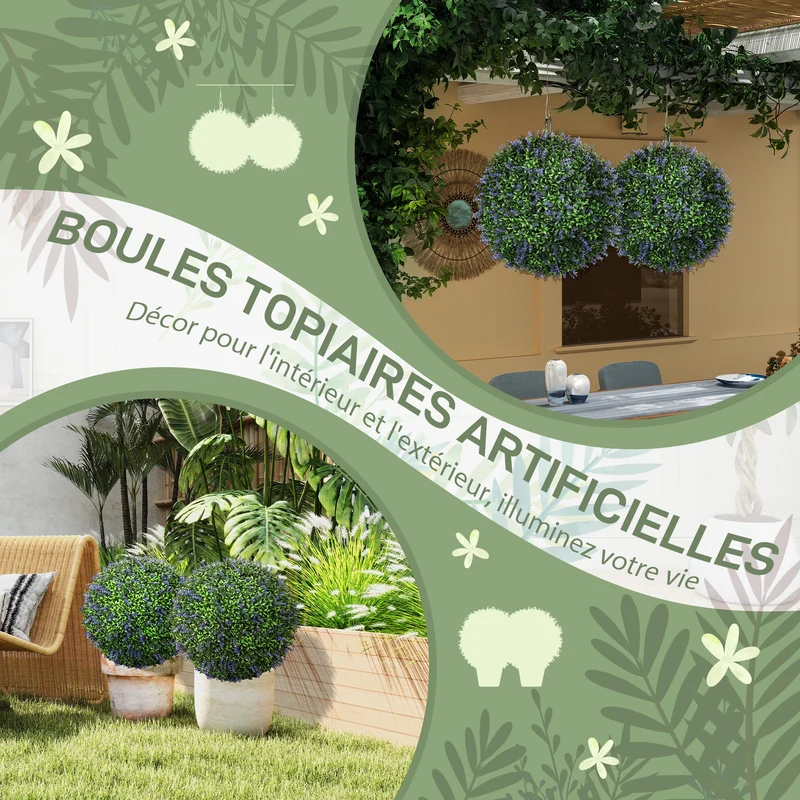Lot de 2 boules topiaires artificielles intérieur 42 x 42 x 42 cm résistantes uv contemporain en polyéthylène violet 21_0001381