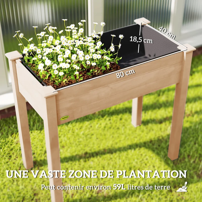 Jardinière surélevée potager sur pied 86 x 46 x 76 cm drainage intégré doublure respirante style rustique en bois marron 21_0004120