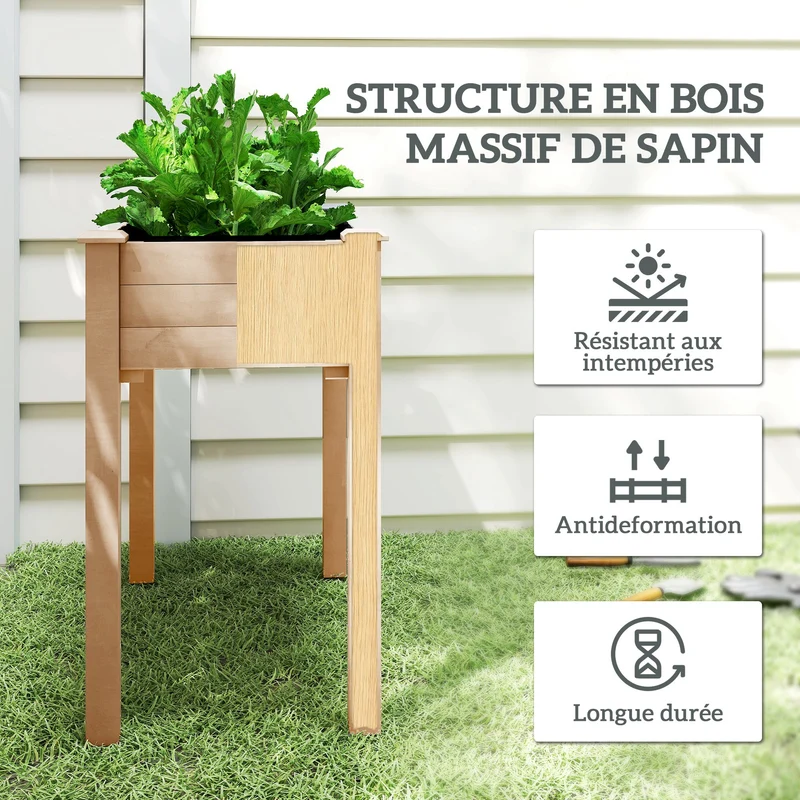Jardinière surélevée potager sur pied 86 x 46 x 76 cm drainage intégré doublure respirante style rustique en bois marron 21_0004120