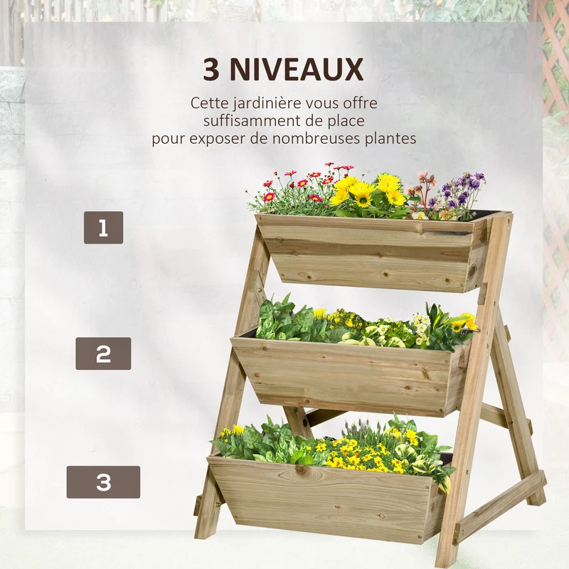 Jardinière sur pieds triple potager 71 x 61 x 77 cm jardinage sans se baisser gain de place scandinave en bois marron 21_0004261