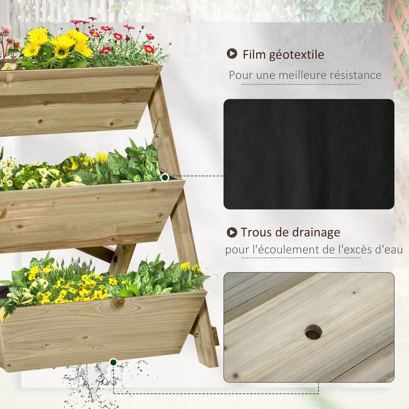 Jardinière sur pieds triple potager 71 x 61 x 77 cm jardinage sans se baisser gain de place scandinave en bois marron 21_0004261
