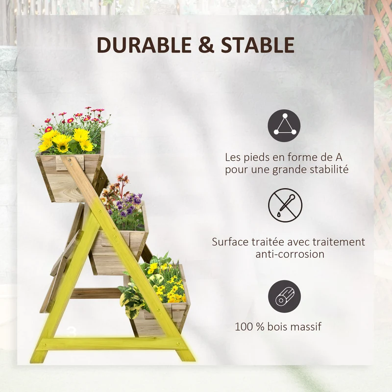 Jardinière sur pieds triple potager 71 x 61 x 77 cm jardinage sans se baisser gain de place scandinave en bois marron 21_0004261