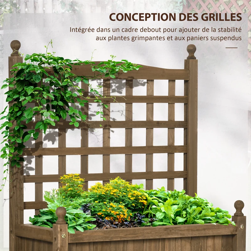 Jardinière sur pied treillis balcon 64 x 28 x 75 cm gain de place support plantes grimpantes rustique en bois marron 21_0004194