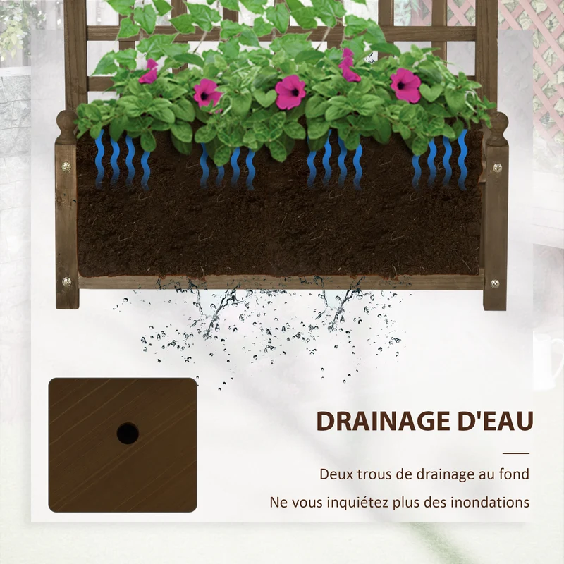 Jardinière sur pied treillis balcon 64 x 28 x 75 cm gain de place support plantes grimpantes rustique en bois marron 21_0004194