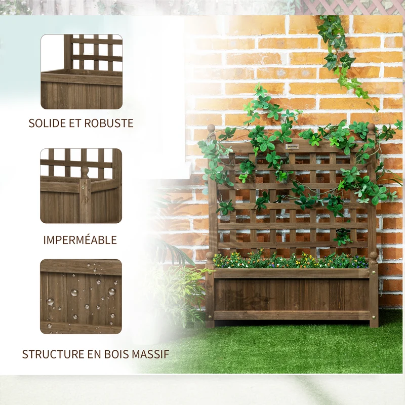 Jardinière sur pied treillis balcon 64 x 28 x 75 cm gain de place support plantes grimpantes rustique en bois marron 21_0004194
