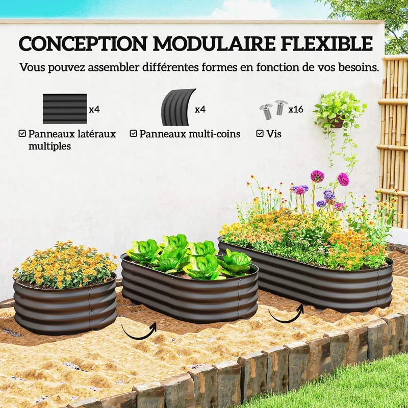 Jardinière potager surélevée 150 x 62 x 30 cm modulable protection plantes style contemporain design en acier gris foncé 21_0004376