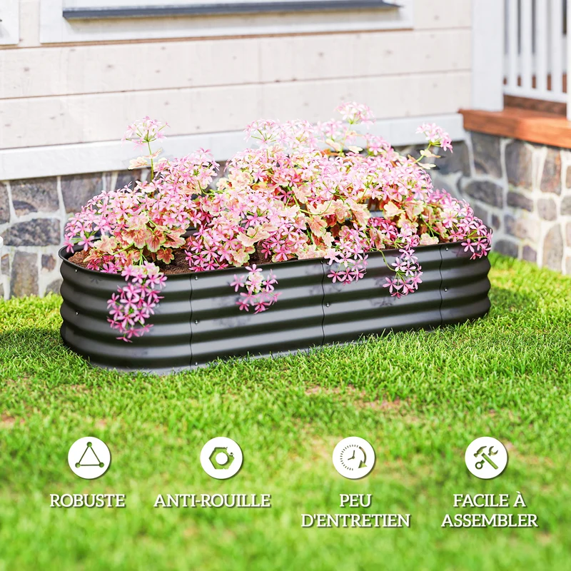 Jardinière potager surélevée 150 x 62 x 30 cm modulable protection plantes style contemporain design en acier gris foncé 21_0004376