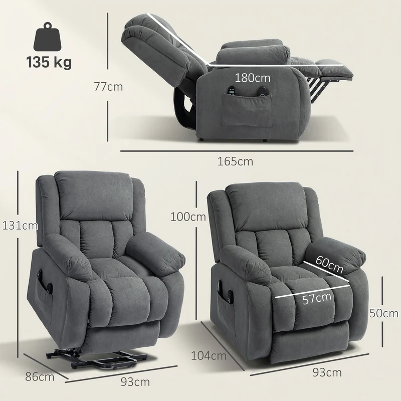 Fauteuil releveur électrique inclinable 93 x 86 x 131 cm massage chauffant du dos moderne ambiance cosy en polyester gris 21_0000910
