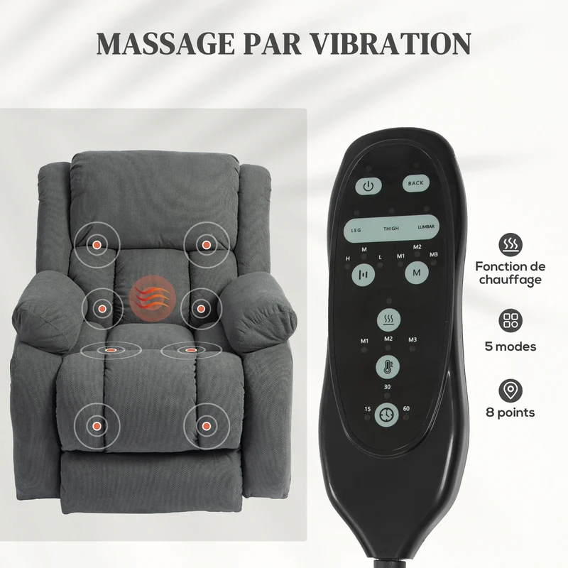 Fauteuil releveur électrique inclinable 93 x 86 x 131 cm massage chauffant du dos moderne ambiance cosy en polyester gris 21_0000910