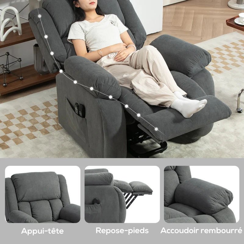 Fauteuil releveur électrique inclinable 93 x 86 x 131 cm massage chauffant du dos moderne ambiance cosy en polyester gris 21_0000910