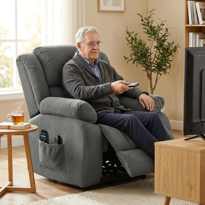 Fauteuil releveur électrique inclinable 93 x 86 x 131 cm massage chauffant du dos moderne ambiance cosy en polyester gris 21_0000910