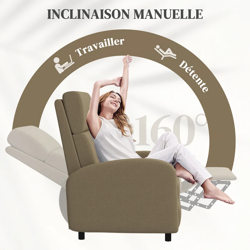 Fauteuil inclinable salon dossier réglable 160° 64 x 86 x 102 cm repose-pieds intégré moderne cosy en polyester beige 21_0003128