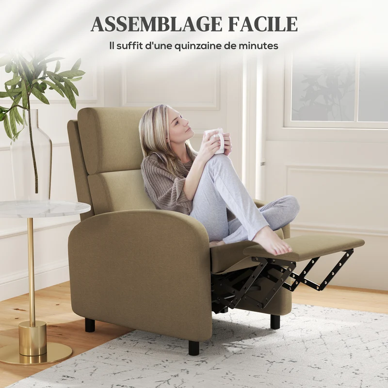 Fauteuil inclinable salon dossier réglable 160° 64 x 86 x 102 cm repose-pieds intégré moderne cosy en polyester beige 21_0003128