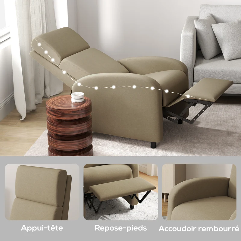 Fauteuil inclinable salon dossier réglable 160° 64 x 86 x 102 cm repose-pieds intégré moderne cosy en polyester beige 21_0003128