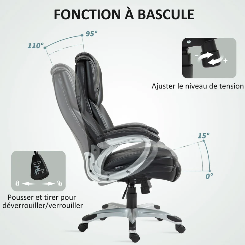 Fauteuil de bureau ergonomique 66 x 75.5 x 115.5-124.5 cm hauteur réglable et bascule style moderne en polyuréthane noir 21_0006271