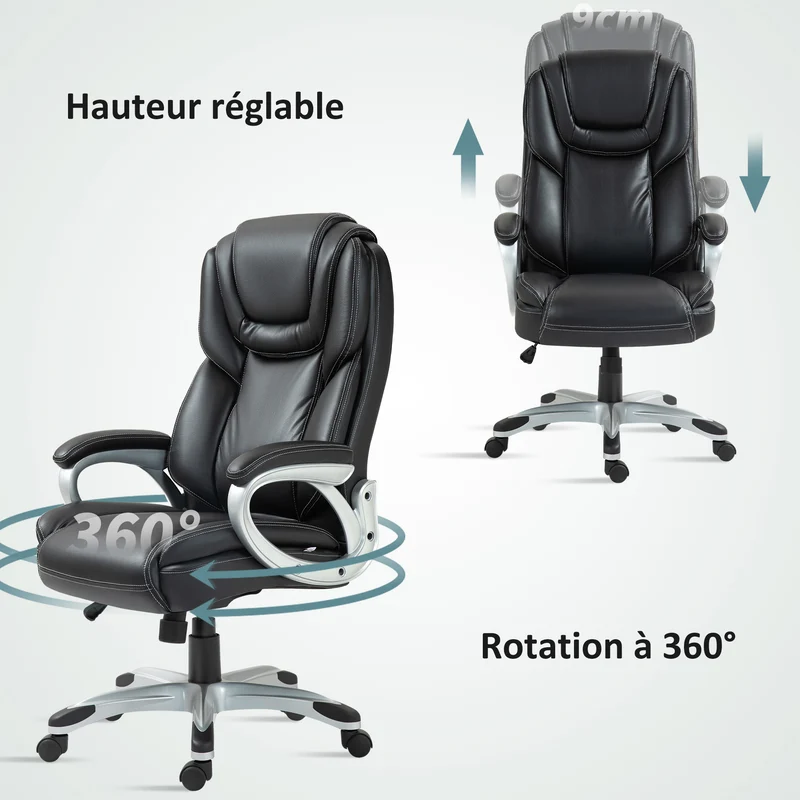 Fauteuil de bureau ergonomique 66 x 75.5 x 115.5-124.5 cm hauteur réglable et bascule style moderne en polyuréthane noir 21_0006271