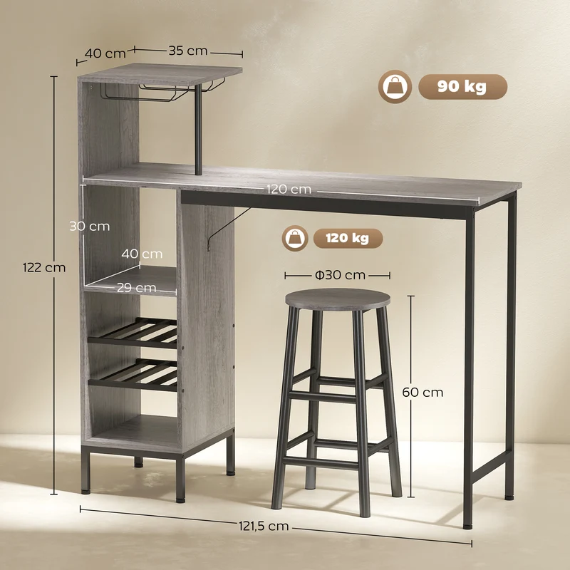 Ensemble table de bar avec 2 tabourets 120 x 40 x 122 cm rangement intégré gain d'espace style industriel en MDF marron 21_0003332