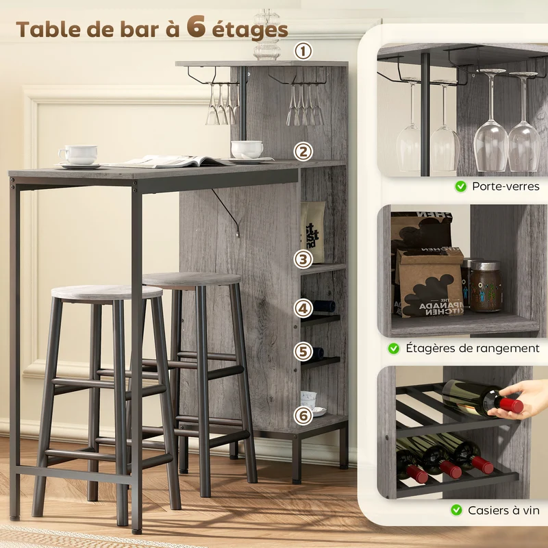 Ensemble table de bar avec 2 tabourets 120 x 40 x 122 cm rangement intégré gain d'espace style industriel en MDF marron 21_0003332