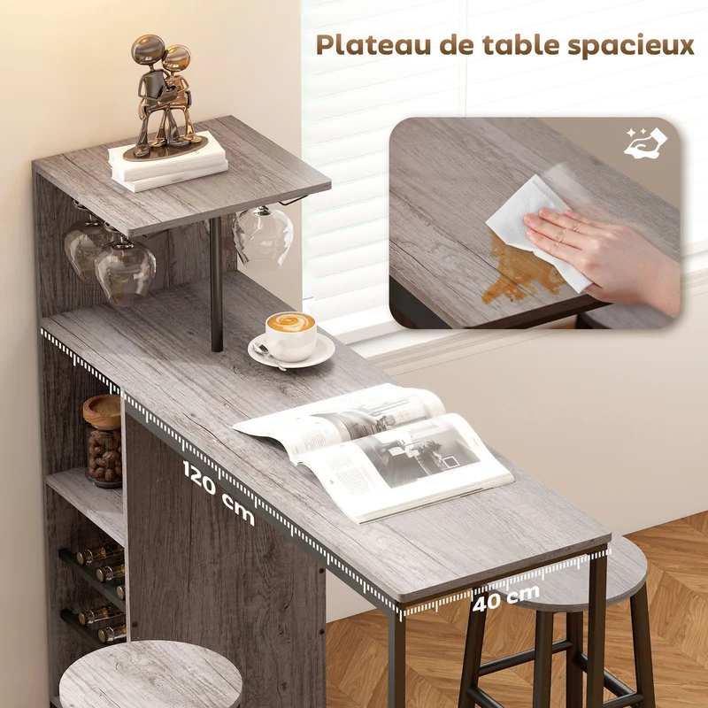 Ensemble table de bar avec 2 tabourets 120 x 40 x 122 cm rangement intégré gain d'espace style industriel en MDF marron 21_0003332