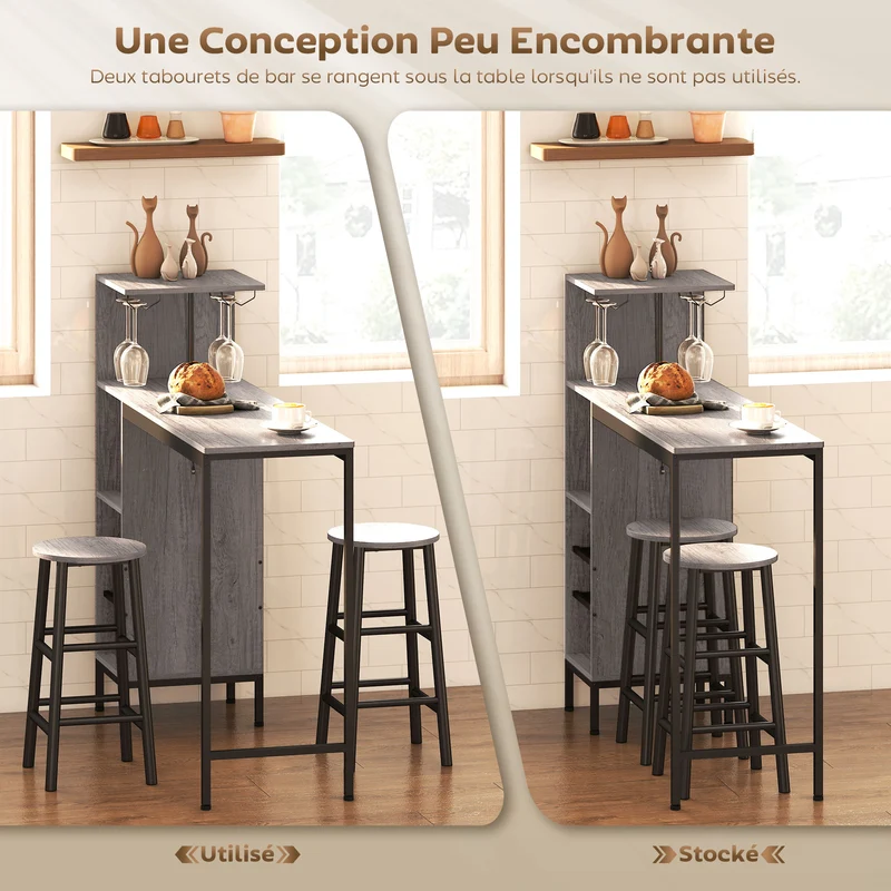 Ensemble table de bar avec 2 tabourets 120 x 40 x 122 cm rangement intégré gain d'espace style industriel en MDF marron 21_0003332