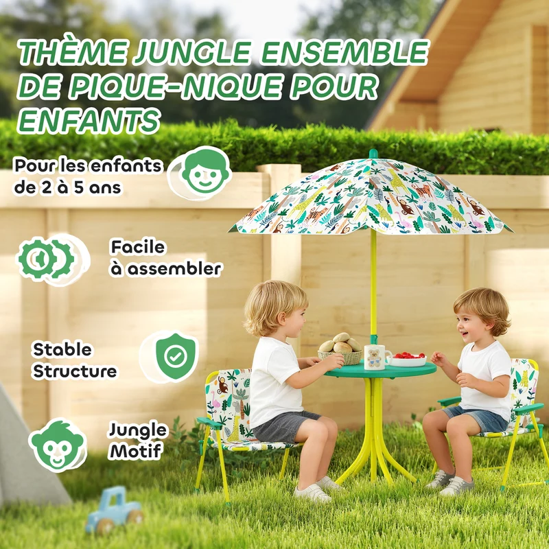 Ensemble salon de jardin enfant table ronde 100 x 50 x 122 cm pliable protection uv scandinave moderne en plastique vert 21_0000746