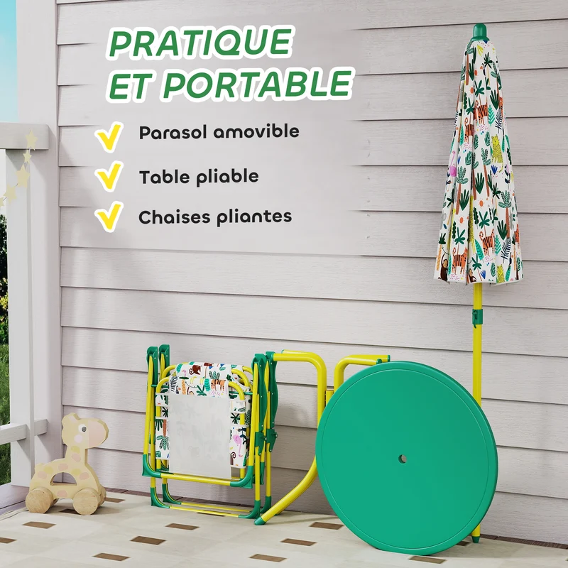 Ensemble salon de jardin enfant table ronde 100 x 50 x 122 cm pliable protection uv scandinave moderne en plastique vert 21_0000746