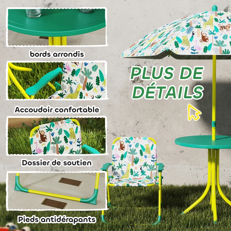 Ensemble salon de jardin enfant table ronde 100 x 50 x 122 cm pliable protection uv scandinave moderne en plastique vert 21_0000746