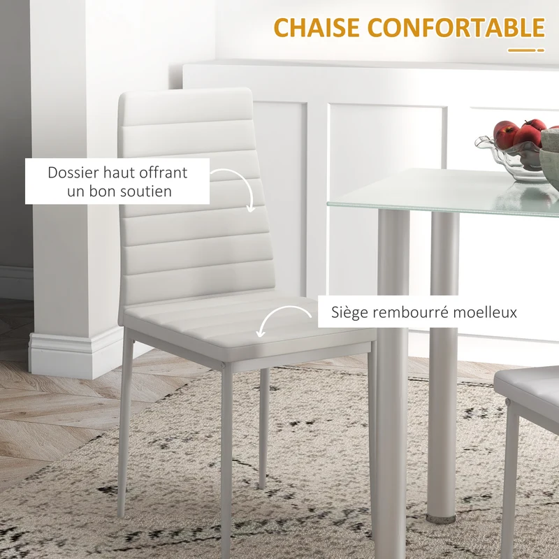 Ensemble de table à manger 4 places 120 x 60 x 75 cm assise rembourrée gain de place moderne épuré en verre trempé blanc 21_0002319