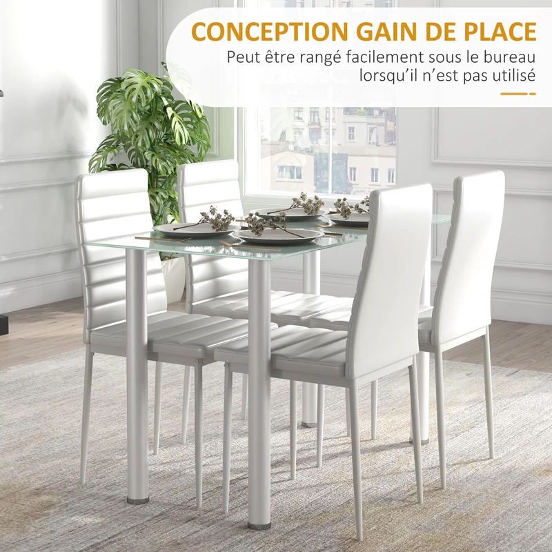 Ensemble de table à manger 4 places 120 x 60 x 75 cm assise rembourrée gain de place moderne épuré en verre trempé blanc 21_0002319
