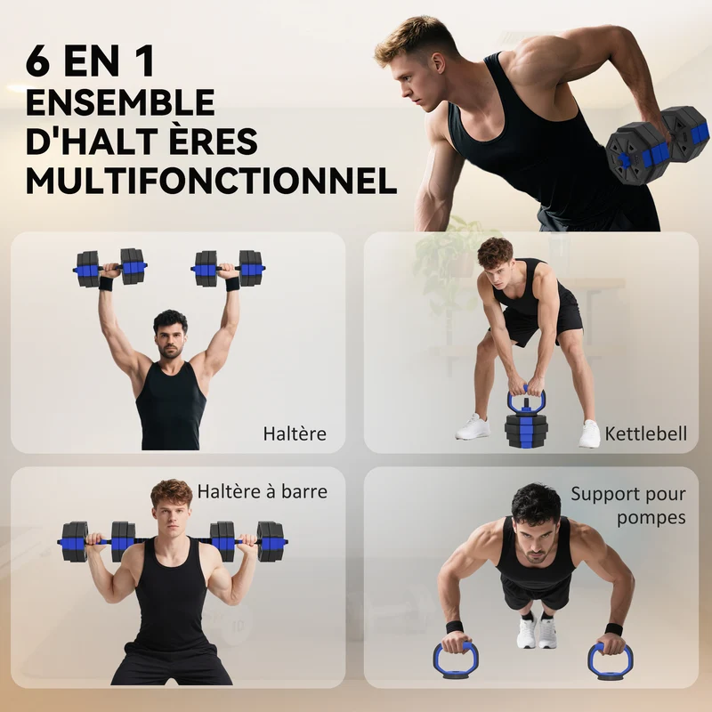 Ensemble d'haltères multifonction 6 en 1 musculation 125 x 18 x 18 cm réglable antidérapant moderne en plastique bleu 21_0006879