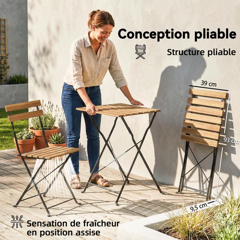 Ensemble bistrot pliant 3 pièces balcon terrasse 55 x 55 x 71 cm gain de place pliable style scandinave en bois naturel 21_0005774