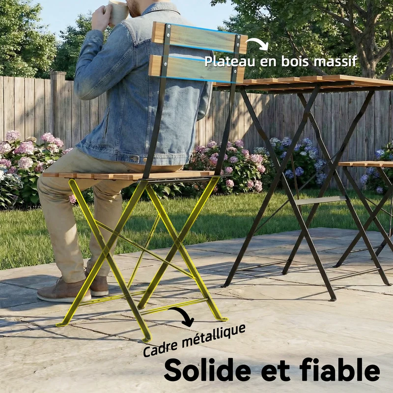 Ensemble bistrot pliant 3 pièces balcon terrasse 55 x 55 x 71 cm gain de place pliable style scandinave en bois naturel 21_0005774