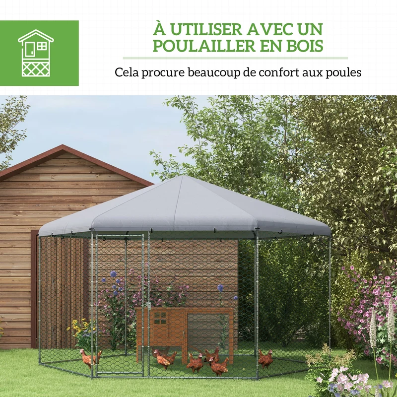 Enclos poulailler extérieur 400 x 346 x 263 cm porte verrouillable anti prédateurs industriel en acier galvanisé argent 21_0007972