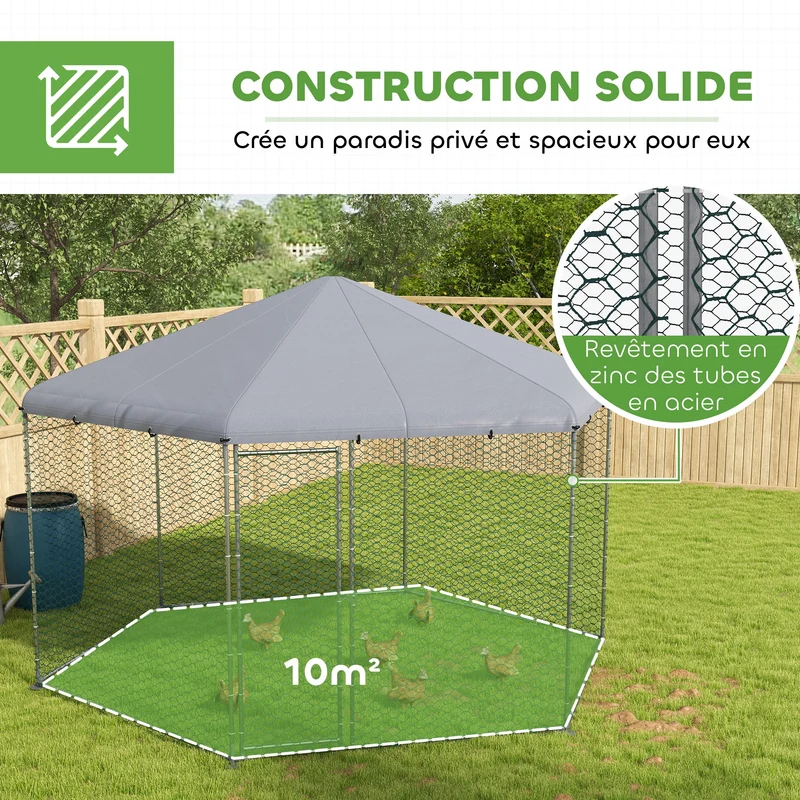 Enclos poulailler extérieur 400 x 346 x 263 cm porte verrouillable anti prédateurs industriel en acier galvanisé argent 21_0007972