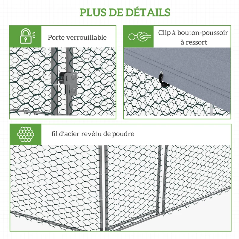 Enclos poulailler extérieur 400 x 346 x 263 cm porte verrouillable anti prédateurs industriel en acier galvanisé argent 21_0007972