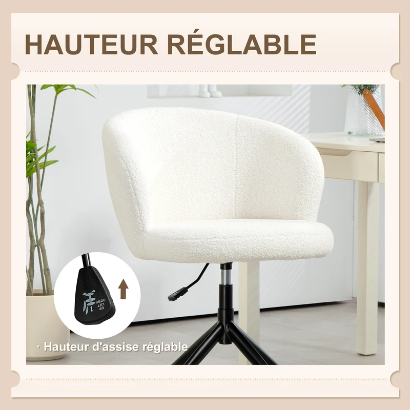 Chaise de bureau pivotante ergonomique 62 x 64 x 83 cm assise réglable enveloppante scandinave en polyester blanc crème 21_0006263