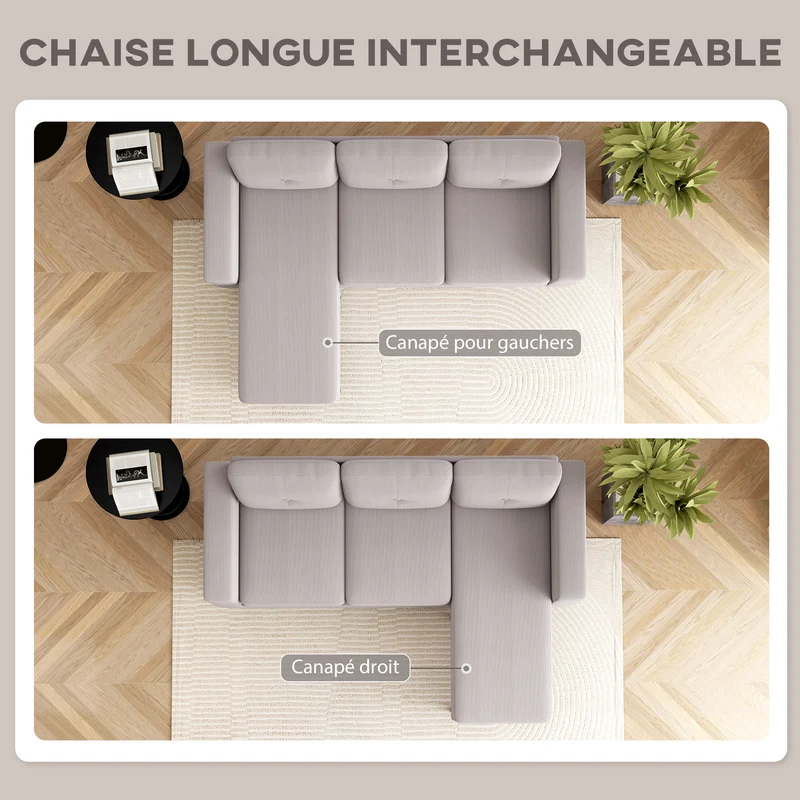 Canapé d'angle réversible 3 places 192 x 137 x 84 cm soutien ferme gain de place moderne en velours côtelé gris clair 21_0003602